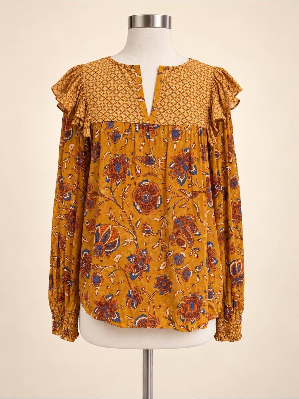 Farmers Market Mix Print Ruffle Blouse Mustard Floral Size M